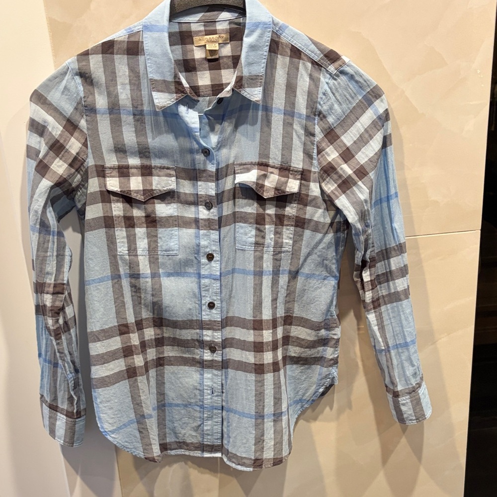 Burberry Light Blue and Brown Plaid Button-Down Shirt